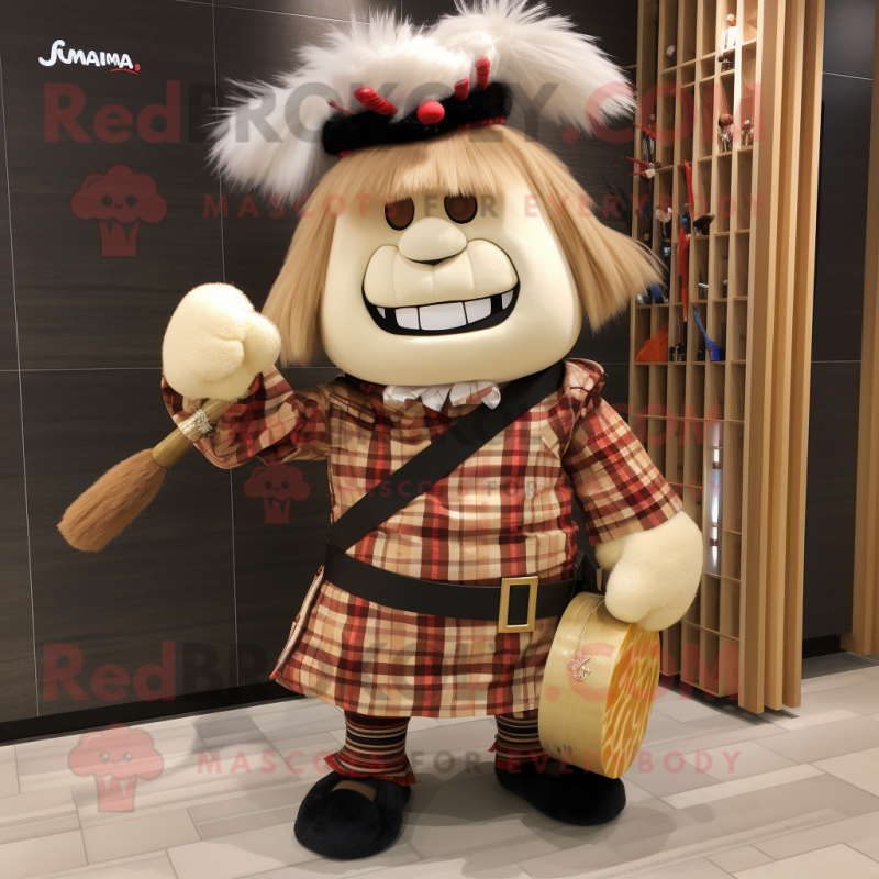 Cream Samurai mascot costume character dressed with a Flannel Shirt and Hairpins