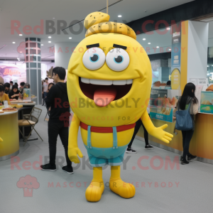 Lemon Yellow Hamburger mascot costume character dressed with a Skinny Jeans and Earrings