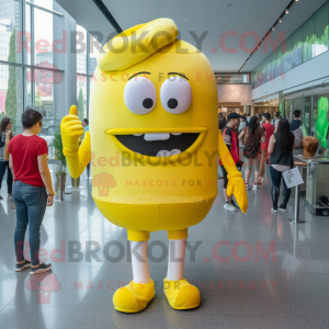 Lemon Yellow Hamburger mascot costume character dressed with a Skinny Jeans and Earrings