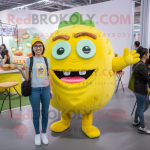Lemon Yellow Hamburger mascot costume character dressed with a Skinny Jeans and Earrings