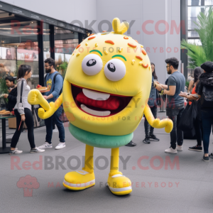 Lemon Yellow Hamburger mascot costume character dressed with a Skinny Jeans and Earrings