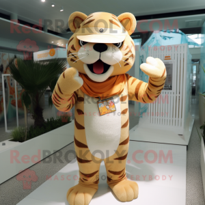 Beige Tiger mascot costume character dressed with a One-Piece Swimsuit and Hat pins