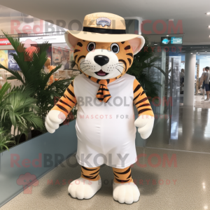 Beige Tiger mascot costume character dressed with a One-Piece Swimsuit and Hat pins