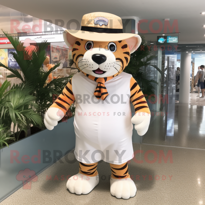 Beige Tiger mascot costume character dressed with a One-Piece Swimsuit and Hat pins Beige Tiger mascot costume character dressed with a One-Piece Swimsuit and Hat pins