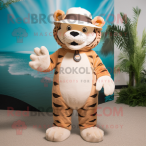 Beige Tiger mascot costume character dressed with a One-Piece Swimsuit and Hat pins