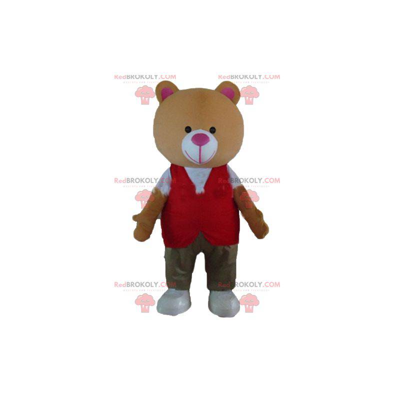Orange teddy bear mascot with a colorful outfit - Redbrokoly.com