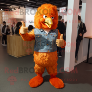 Orange Fried Chicken mascot costume character dressed with a Bootcut Jeans and Rings