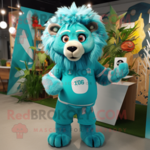 Cyan Lion mascot costume character dressed with a Rash Guard and Suspenders