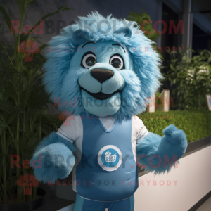 Cyan Lion mascot costume character dressed with a Rash Guard and Suspenders