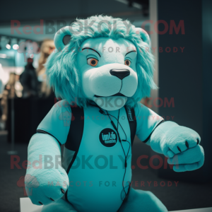 Cyan Lion mascot costume character dressed with a Rash Guard and Suspenders