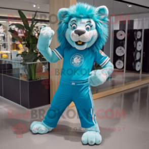 Cyan Lion mascot costume character dressed with a Rash Guard and Suspenders