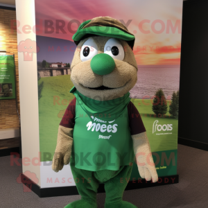 Forest Green Moussaka mascot costume character dressed with a Henley Tee and Scarves