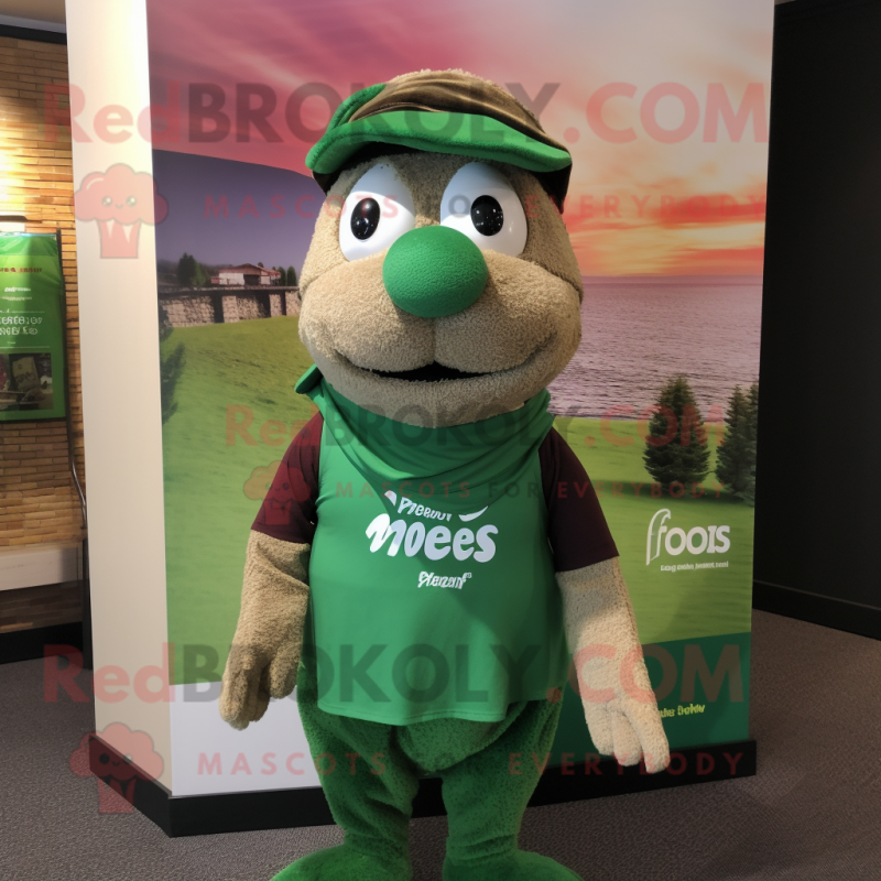 Forest Green Moussaka mascot costume character dressed with a Henley Tee and Scarves Forest Green Moussaka mascot costume character dressed with a Henley Tee and Scarves