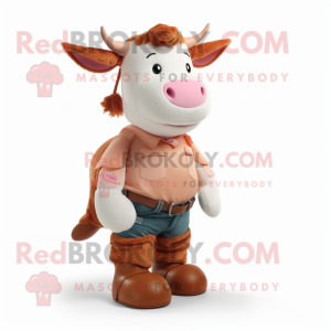 Peach Hereford Cow mascot costume character dressed with a Jeans and Headbands