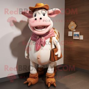 Peach Hereford Cow mascot costume character dressed with a Jeans and Headbands