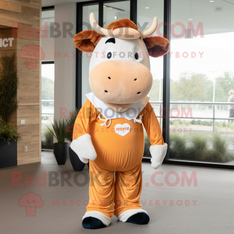 Peach Hereford Cow mascot costume character dressed with a Jeans and Headbands