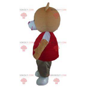 Orange teddy bear mascot with a colorful outfit - Redbrokoly.com