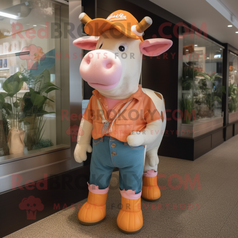 Peach Hereford Cow mascot costume character dressed with a Jeans and Headbands