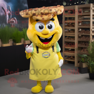 Lemon Yellow Pulled Pork Sandwich mascot costume character dressed with a Dungarees and Necklaces