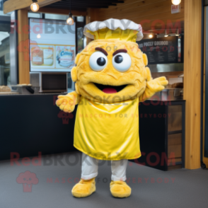 Lemon Yellow Pulled Pork Sandwich mascot costume character dressed with a Dungarees and Necklaces