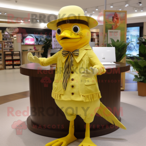 Lemon Yellow Woodpecker mascot costume character dressed with a A-Line Skirt and Hats