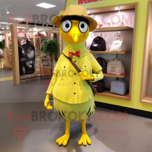 Lemon Yellow Woodpecker mascot costume character dressed with a A-Line Skirt and Hats