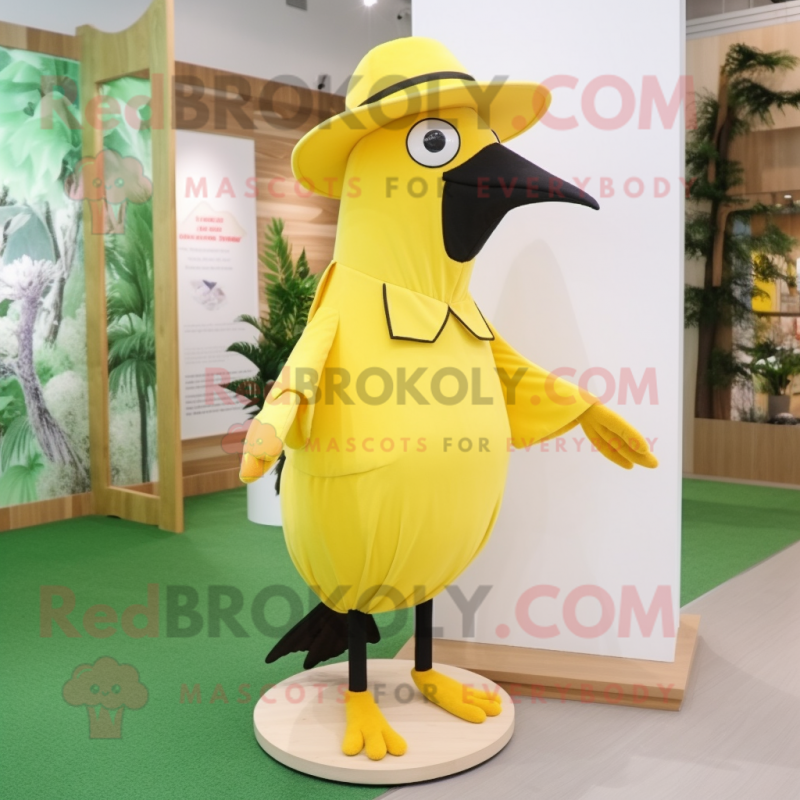 Lemon Yellow Woodpecker mascot costume character dressed with a A-Line Skirt and Hats