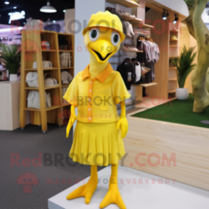 Lemon Yellow Woodpecker mascot costume character dressed with a A-Line Skirt and Hats