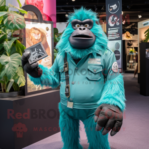 Teal Gorilla mascot costume character dressed with a Swimwear and Lapel pins