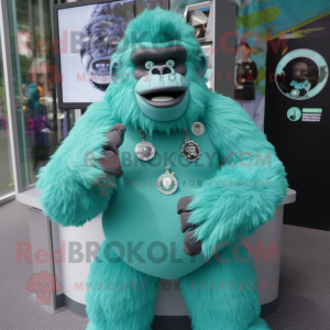 Teal Gorilla mascot costume character dressed with a Swimwear and Lapel pins