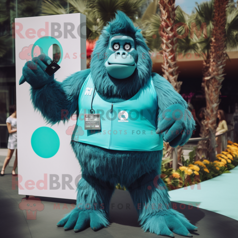 Teal Gorilla mascot costume character dressed with a Swimwear and Lapel pins