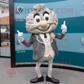 Gray Oyster mascot costume character dressed with a Blazer and Hairpins