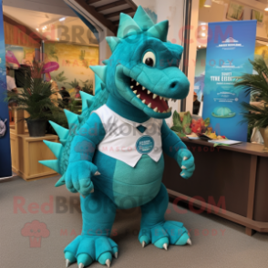 Turquoise Stegosaurus mascot costume character dressed with a Polo Tee and Ties