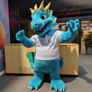 Turquoise Stegosaurus mascot costume character dressed with a Polo Tee and Ties