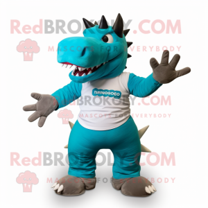 Turquoise Stegosaurus mascot costume character dressed with a Polo Tee and Ties