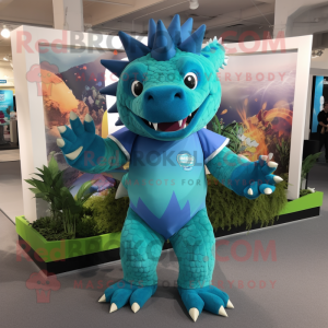 Turquoise Stegosaurus mascot costume character dressed with a Polo Tee and Ties