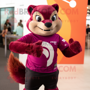 Magenta Mongoose mascot costume character dressed with a Graphic Tee and Smartwatches