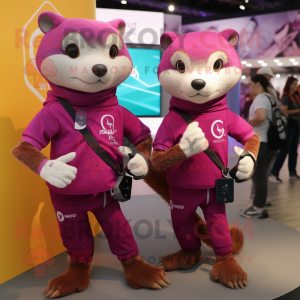 Magenta Mongoose mascot costume character dressed with a Graphic Tee and Smartwatches