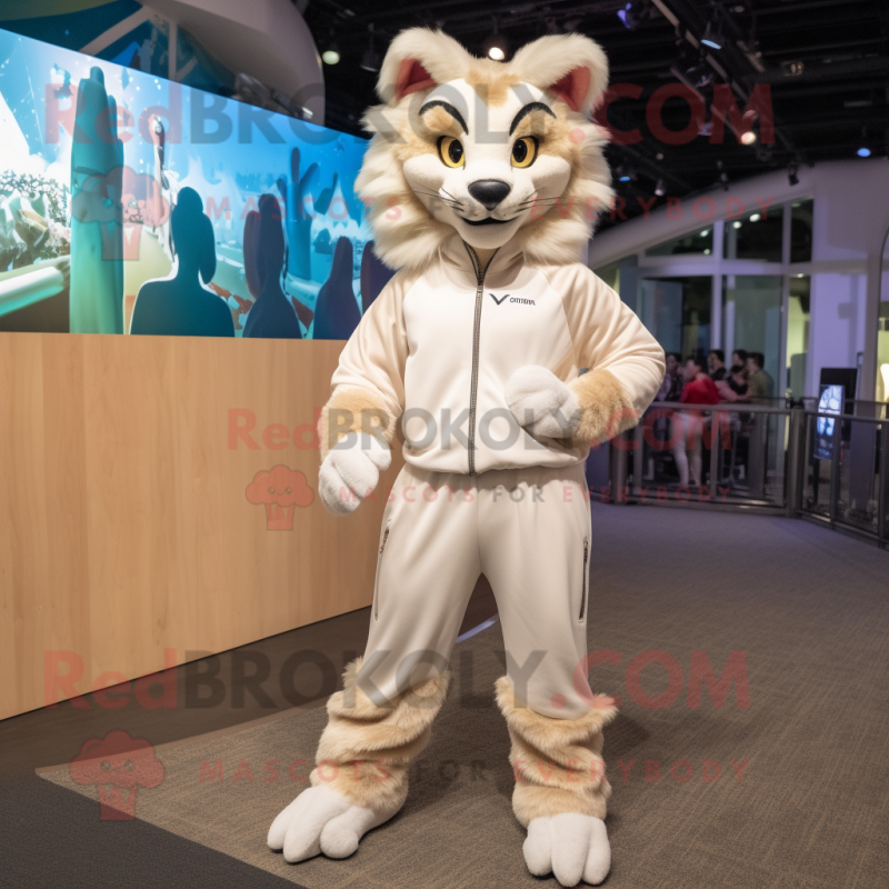 Cream Lynx mascot costume character dressed with a Joggers and Hair clips