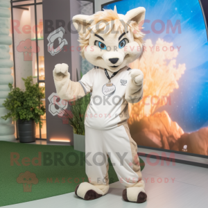 Cream Lynx mascot costume character dressed with a Joggers and Hair clips