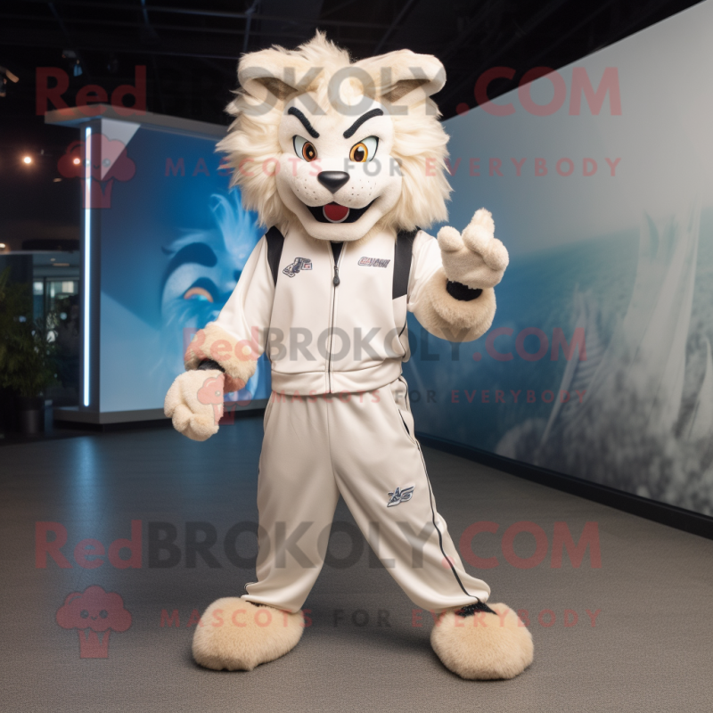 Cream Lynx mascot costume character dressed with a Joggers and Hair clips