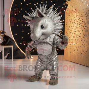 Silver Armadillo mascot costume character dressed with a Jeggings and Hairpins