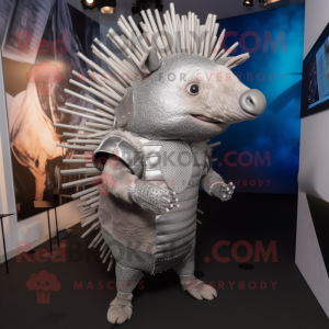 Silver Armadillo mascot costume character dressed with a Jeggings and Hairpins