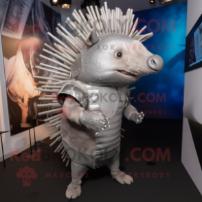 Silver Armadillo mascot costume character dressed with a Jeggings and Hairpins