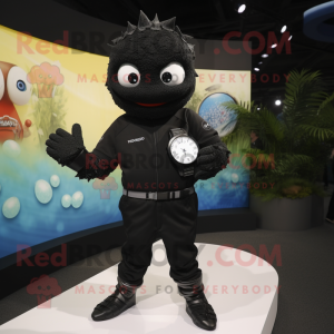 Black Cod mascot costume character dressed with a Romper and Smartwatches