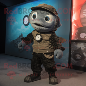 Black Cod mascot costume character dressed with a Romper and Smartwatches