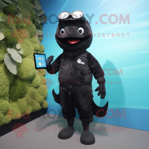 Black Cod mascot costume character dressed with a Romper and Smartwatches