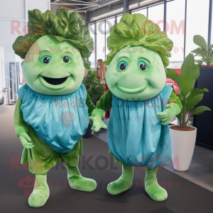 Cyan Corned Beef And Cabbage mascot costume character dressed with a Jumpsuit and Earrings