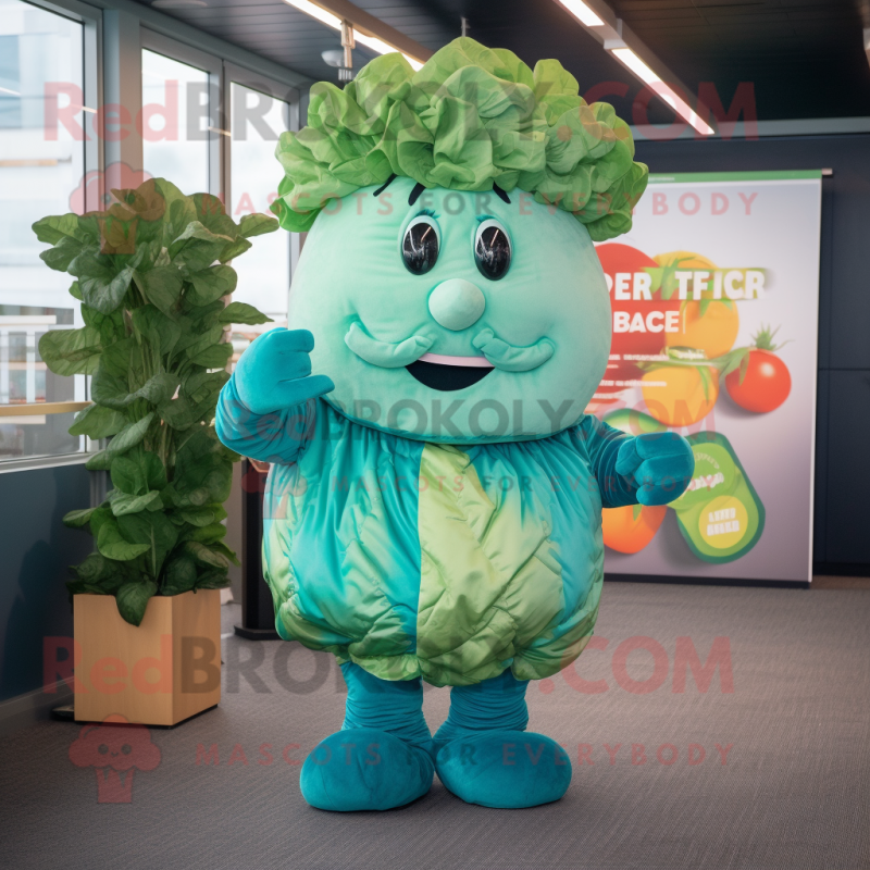 Cyan Corned Beef And Cabbage mascot costume character dressed with a Jumpsuit and Earrings Cyan Corned Beef And Cabbage mascot costume character dressed with a Jumpsuit and Earrings