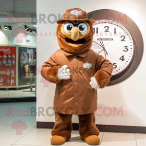 Brown Wrist Watch mascot costume character dressed with a Coat and Caps